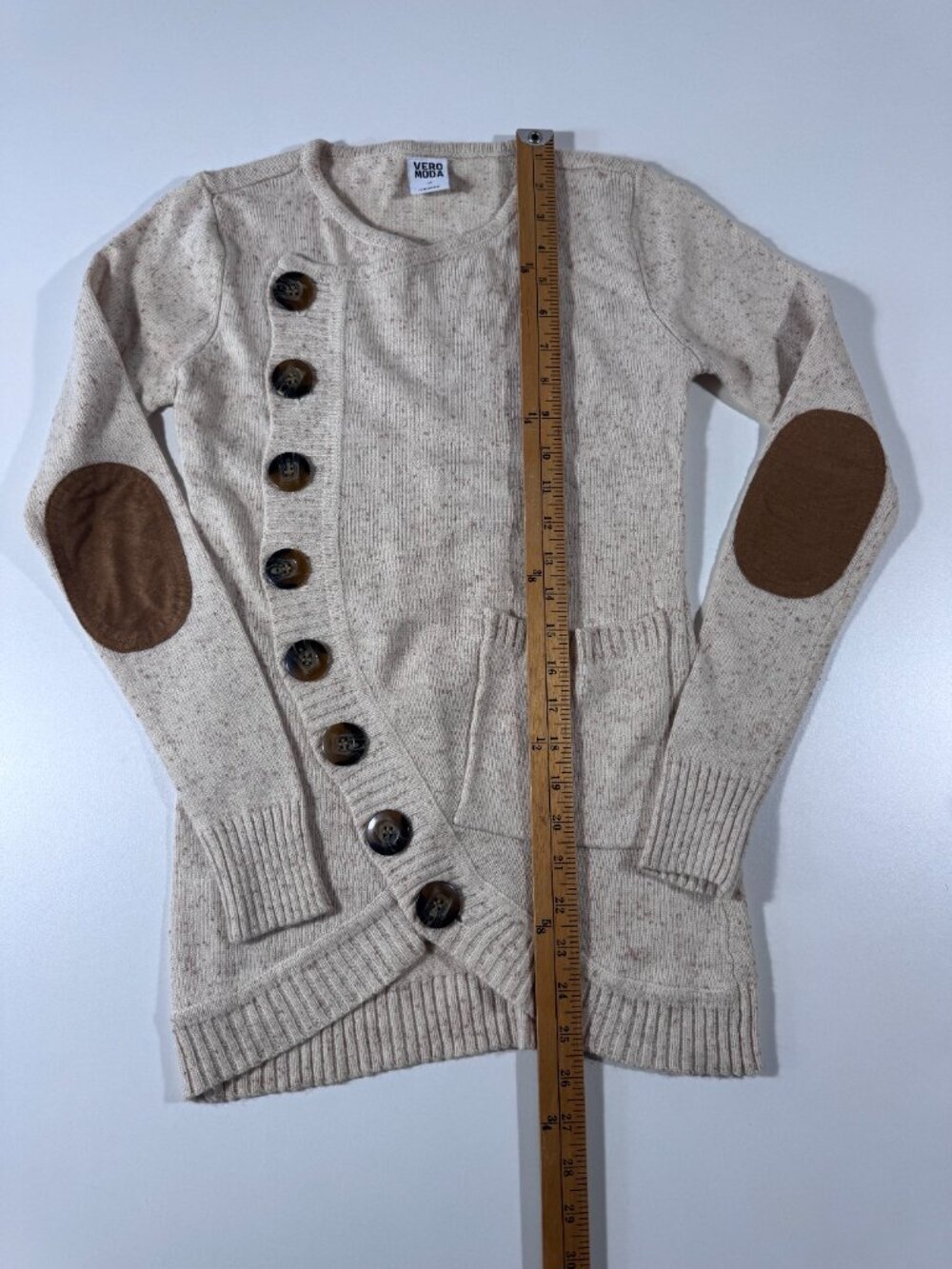 Vero Moda Oatmeal Speckled Button Cardigan Sweater w/ Elbow Patches XS - Picture 4 of 10